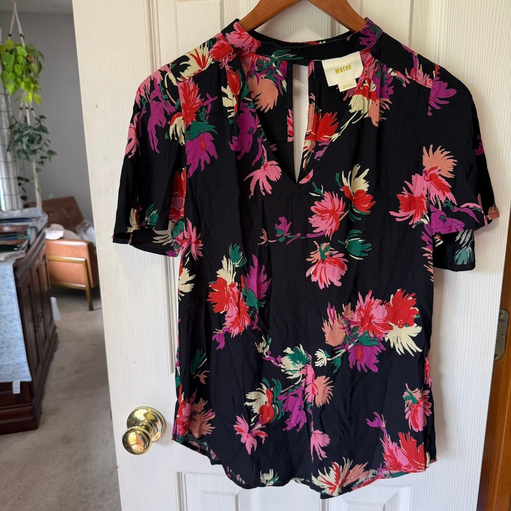Maeve Anthropologie Black Bella Floral Choker V-Neck Keyhole Blouse Size S Fall